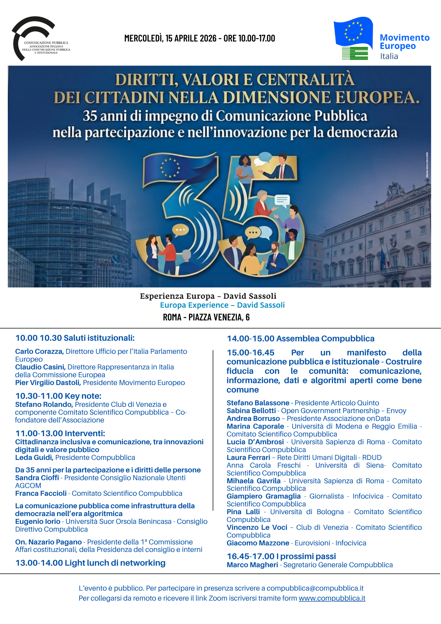 Save the date - Diritti, valori e centralit� dei cittadini nella dimensione europea. 35 anni di impegno di Compubblica